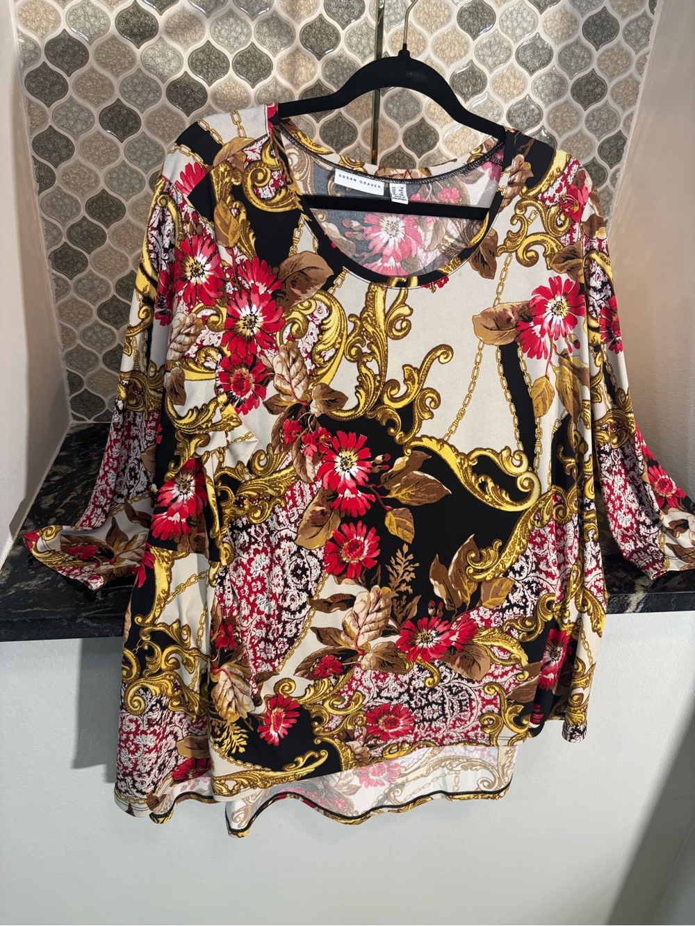 Susan Graver Baroque Floral Scoop Neck Tunic - Black/Red/Cream/Gold